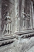 Angkor Wat temple, the fourth enclosure, the bas reliefs of the west gopura, superbly preserved devatas, either individually or in groups of two or three, amongst the finest in the monument. 